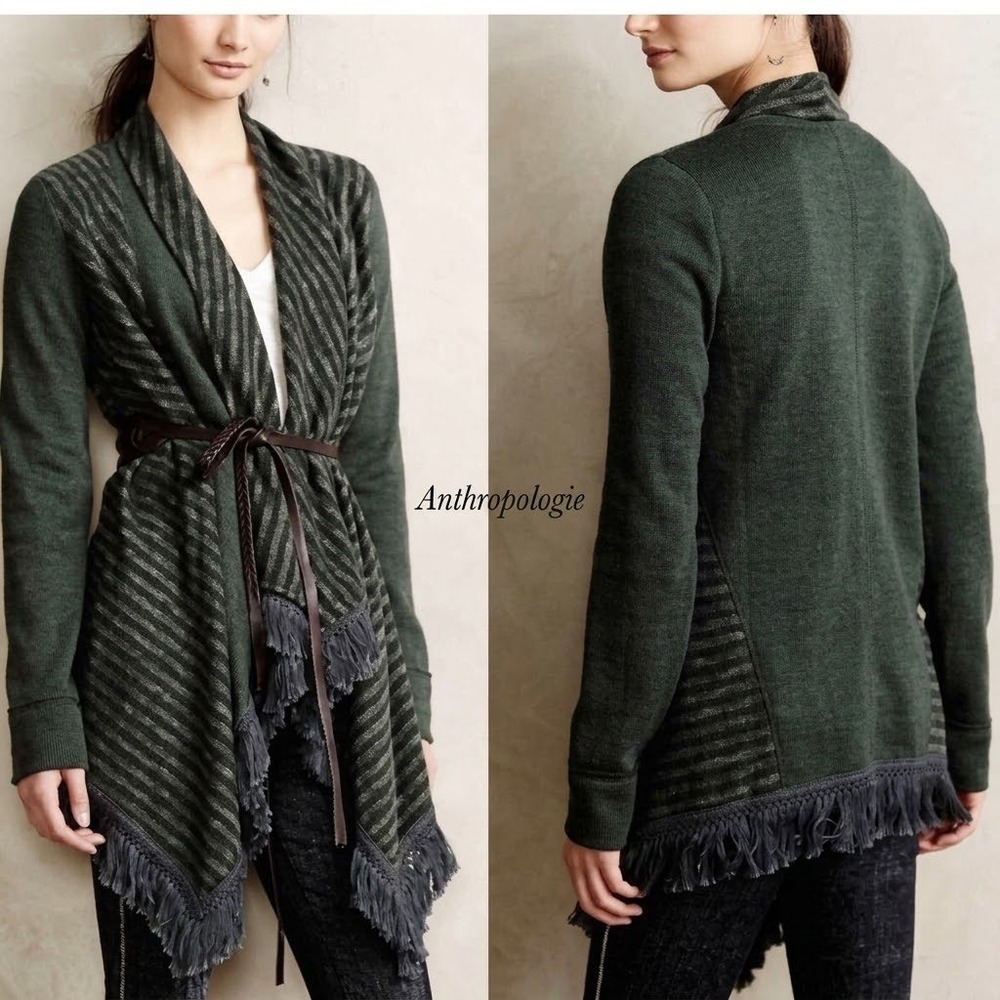 Anthropologie Saturday Sunday Green Striped Fringe Open Front Cardigan XS